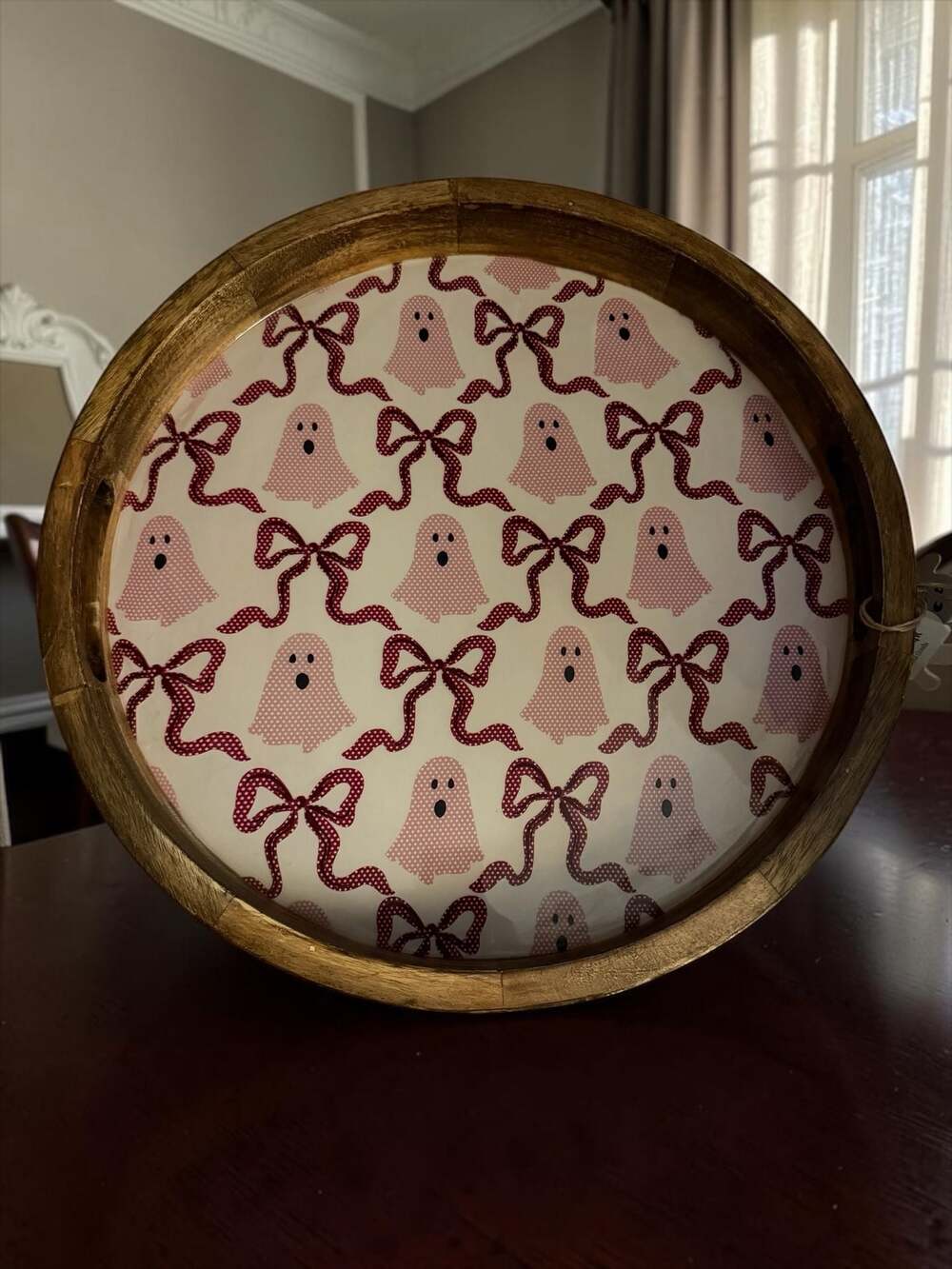 Goblin & Ghoul 15.5-inch Round Wooden Serving Tray with Pink Ghost and Bow Patte